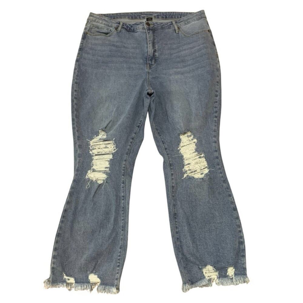 Fashion to Figure FTF Denim Destructed Flare Jeans Size 18 Light Wash Ripped